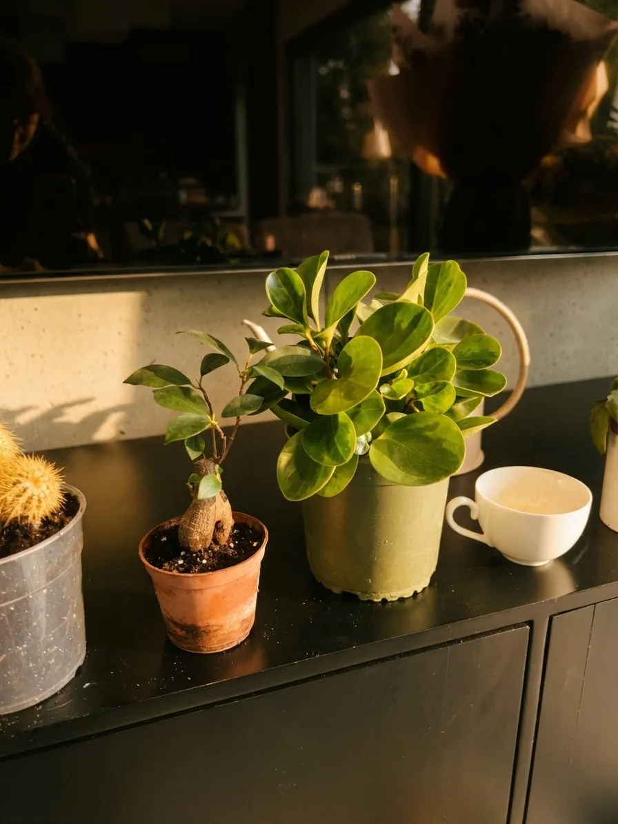 Fikus bonsai i peperomia w doniczkach na szafce po wizycie