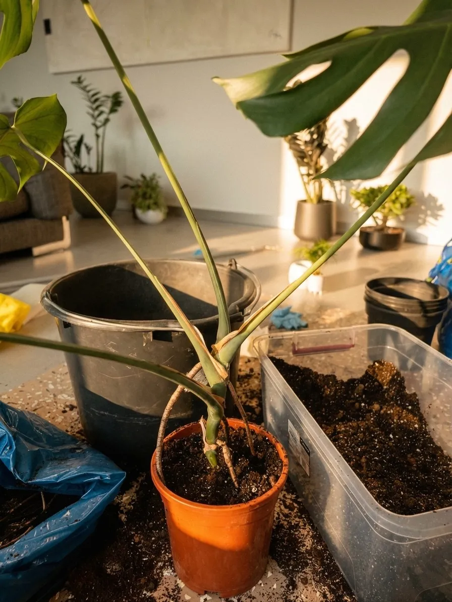 Monstera w pomarańczowej doniczce obok pojemnika ze świeżym podłożem