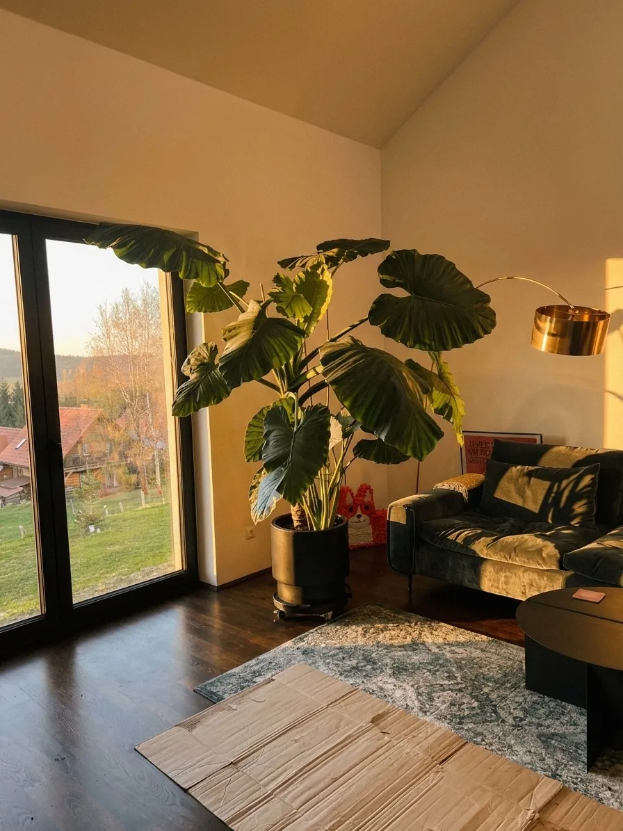 Alocasia po przesadzeniu w salonie